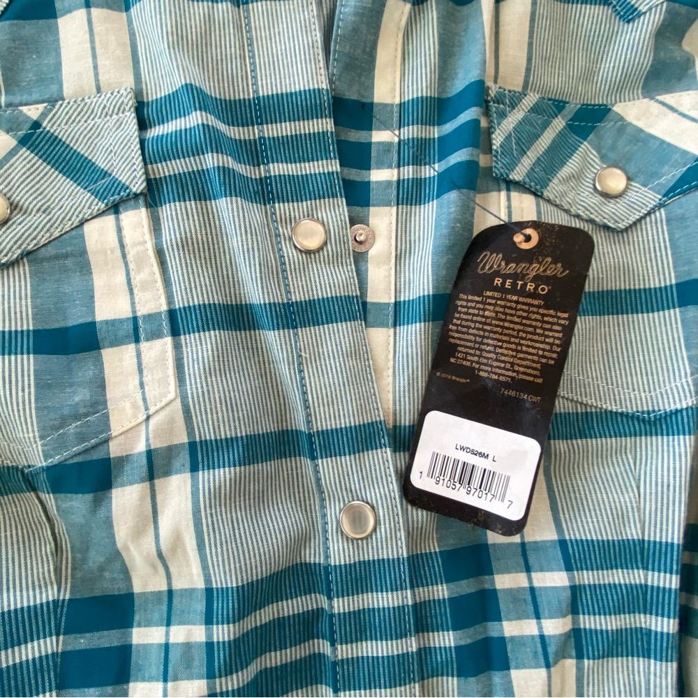 New Wrangler Teal and White Plaid Long Sleeve Dress Snap Buttons - Picture 6 of 12